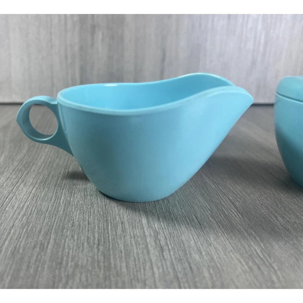 Vtg MCM Windsor Melmac Melamine Cream and Sugar Turquoise Blue Set w/ top